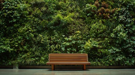 An interior space with a vertical garden and a wooden bench