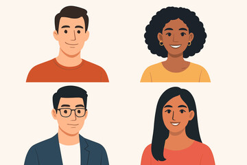 People character portrait collection. Vector illustration of multicultural team faces. Set of diverse men and women avatars for business profile pictures. Front view.