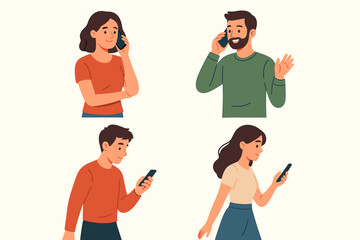 Set of people with smartphones. Man and woman characters talking on the phone, texting, calling, walking. Mobile technology and communication concept. Flat cartoon vector illustration.