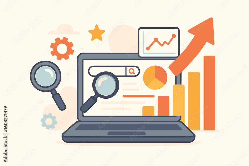 Poster seo optimization concept. search engine performance tools on laptop screen. rising graph and upward 