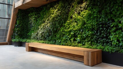 An interior space with a vertical garden and a wooden bench
