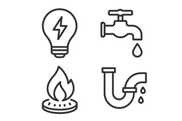 Public utilities icon set. Electricity, water, gas, drainage. Line icons for municipal services. Household power, energy, fuel, resources. Plumbing leak, repair symbol.