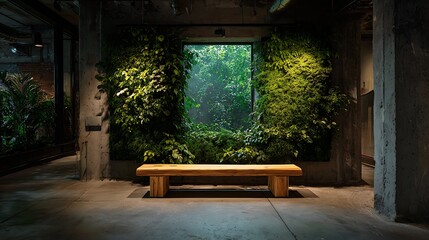 An interior space with a vertical garden and a wooden bench