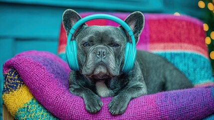 A French bulldog sitting in a designer chair during a video call, wearing a headset, home office 