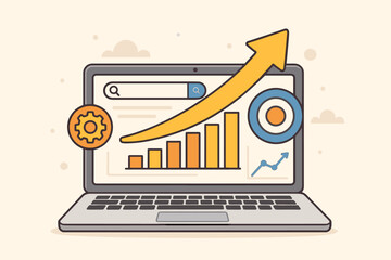 SEO optimization concept. Performance marketing and data analytics. Laptop with rising graph and arrow up. Search engine tools for business growth. Website traffic increase.