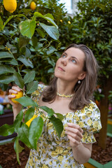 A woman in a floral dress picks a ripe lemon from a tree, surrounded by lush greenery and sunlight