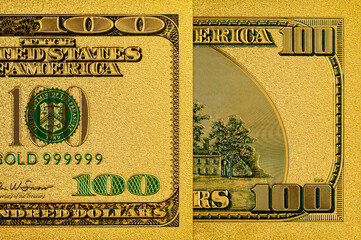 Gold 100 dollar bill for design purposes. Money of the United States of America.