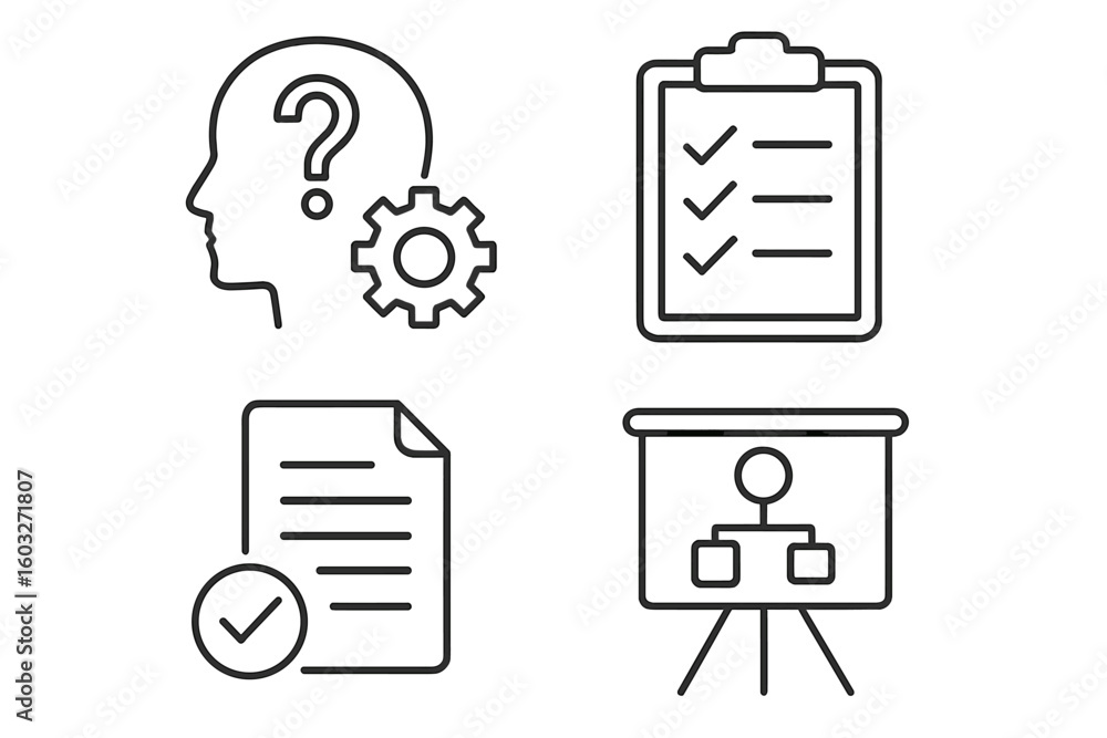 Poster business planning and task management icon set. thin line icons for problem solving, strategy, proje