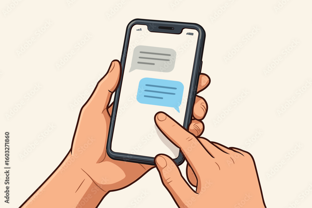 Poster hand holding a mobile smartphone, texting and reading messages on the screen. chat application with 
