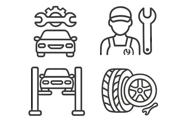 Car service and auto repair line icon set. Vehicle maintenance, garage workshop, and tire fitting outline pictograms. Editable stroke vector for infographics.