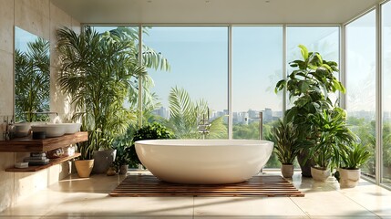 Bathroom with a freestanding bathtub in front of a panoramic window, surrounded by plants