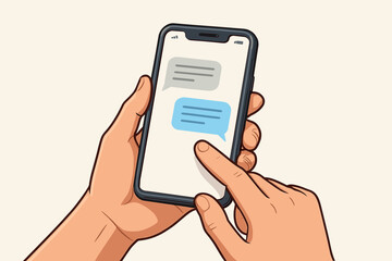 Hand holding a mobile smartphone, texting and reading messages on the screen. Chat application with a speech bubble for online communication. Vector cartoon illustration.