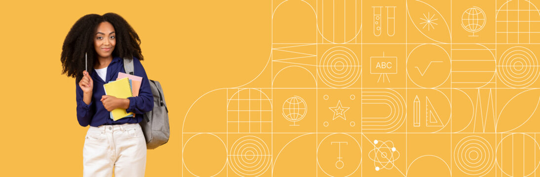 African American student stands confidently, holding books and a notebook with a pencil in hand. Bright yellow backdrop enhances the educational theme, perfect for promoting study-related resources.