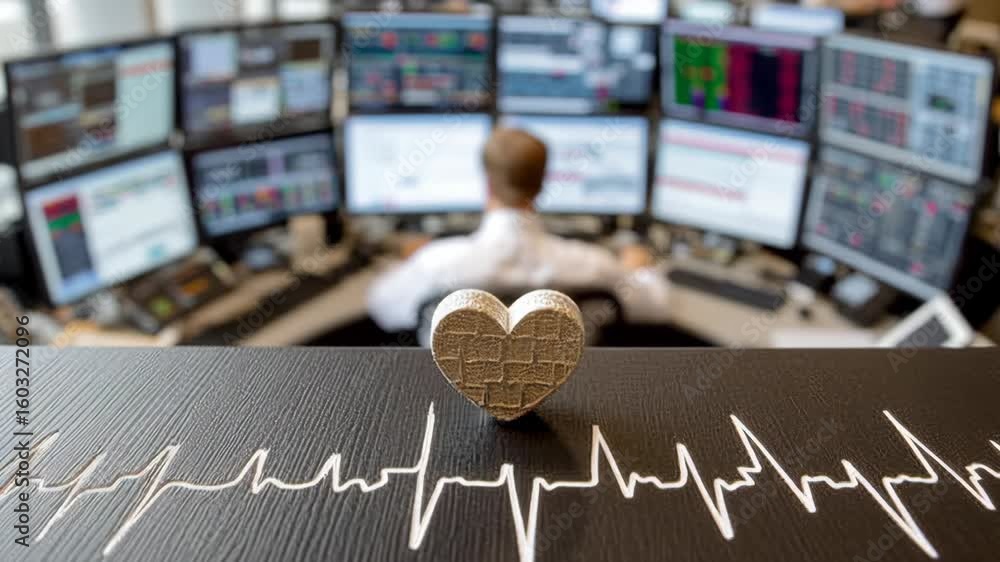 Poster emotional connection to finance heart symbol on trading desk with monitors displaying stock market d