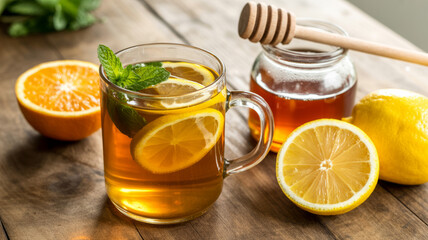 Refreshing honey lemon tea with fresh citrus and mint
