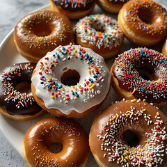 Assorted Frosted Donuts with Colorful Sprinkles on Plate