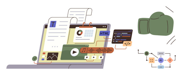 Laptop interface featuring text editor, code snippets, media files, charts, and AI-driven automation process. Ideal for web development, programming, AI, design digital media workflow education