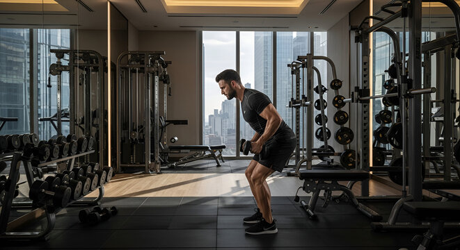 Man doing dumbbell rows in modern gym fitness workout strength training exercise bodybuilding healthy lifestyle