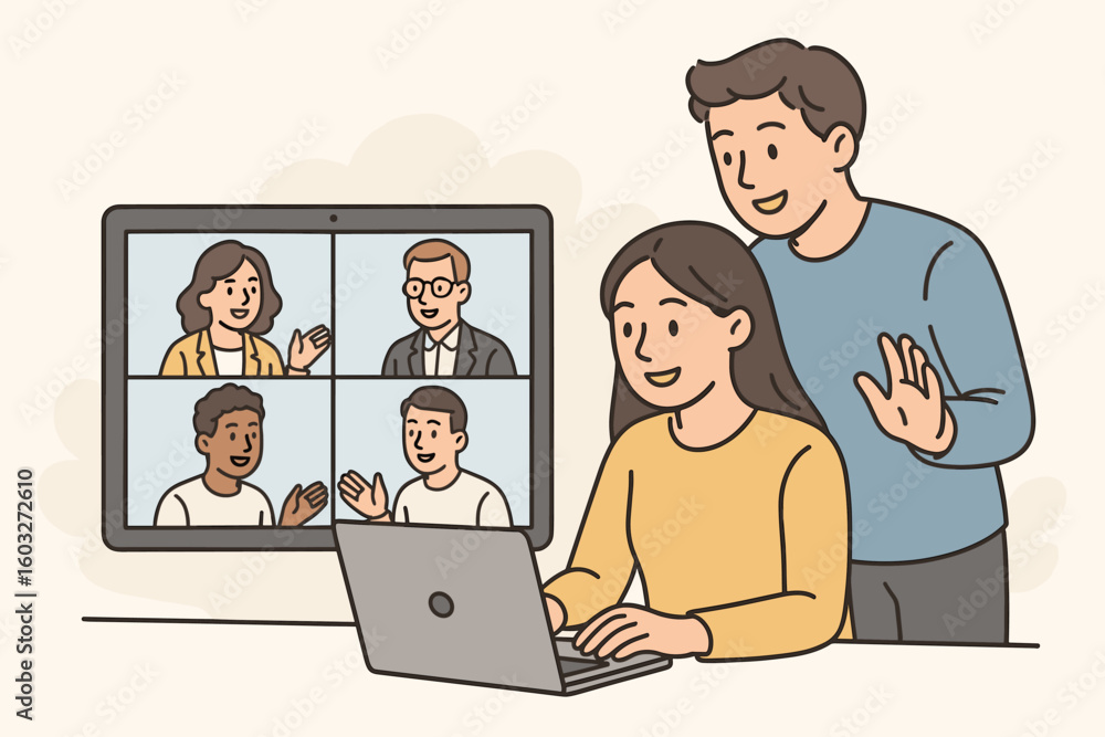 Poster webinar live and online business course with people on video call. team meeting or lecture on comput