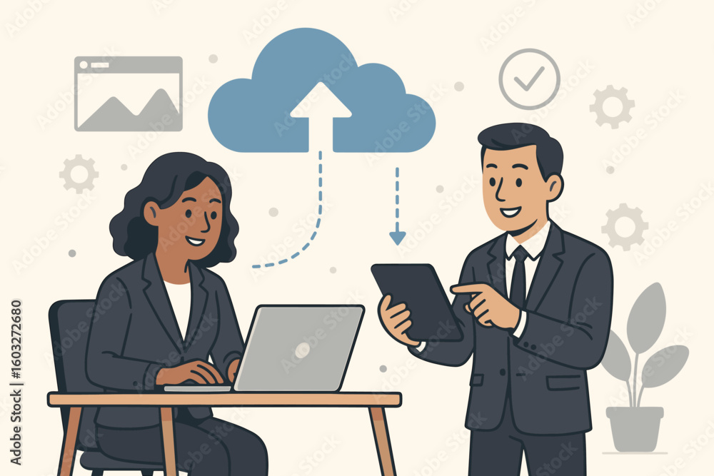 Poster businesspeople collaborating with cloud technology. teamwork and data sharing in office. man with ta