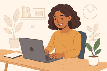 Happy woman working on laptop in home office. Young female freelancer or student studying at her desk. Remote work, online education, and freelance lifestyle concept vector.