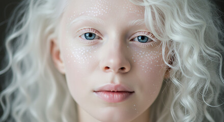  Close-up portrait of a beautiful albino woman with porcelain skin, platinum blonde eyelashes, and curly white hair, captured in soft natural light.