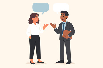 Work conversation with two people. Business man and woman colleagues talking. Dialogue with speech bubbles. Office communication and teamwork concept. Vector cartoon illustration.