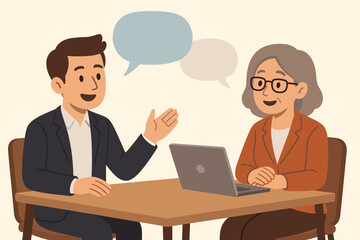 Job interview illustration. Two business people in a professional meeting. Man and woman talking at a table with speech bubbles. HR, recruitment, communication concept.