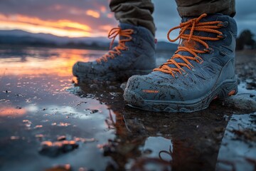 Hiking boots with bright orange laces standing on a frozen body of water, with a reflection of a mountain landscape and sunset in the background