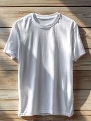 White cotton crew-neck t-shirt hanging on a wooden wall with sunlight shadows, perfect for apparel mockups and design display