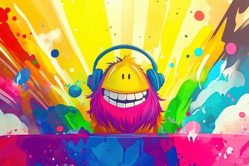 Happy colorful monster listens to music in headphones