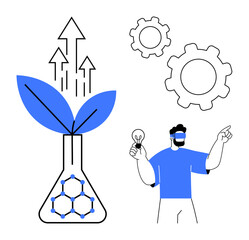 Laboratory flask with leaves, arrows, gears, and person holding lightbulb symbolizing innovation, growth, and sustainability. Ideal for research, eco-tech, progress learning development startup