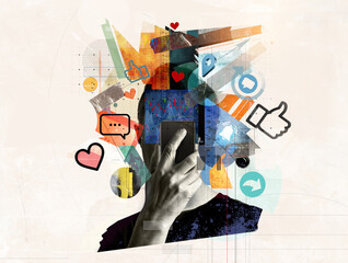 Social media addiction and digital overload, dopamine loop. Art collage of smartphone, icons, UI design elements. Mental health, stress, online identity, influence, blogging, communication, technology