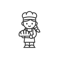 Obraz premium Charming Female Baker with Braided Hair Holding Bread, Line Art Icon