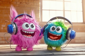 Happy colorful monsters listens to music in headphones