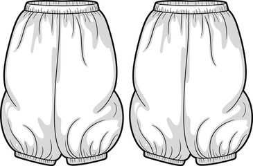 CAD drawing flat vector illustration, loose-fit shorts fashion template, elastic waistband design, cuff detail, comfortable garment sketch, clothing blueprint layout