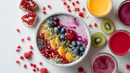 Healthy food on a minimalist white background Bowl with fruits, seeds, and natural colored juices