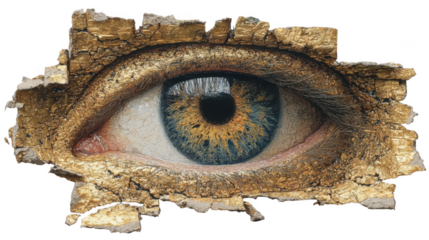 A striking human eye detailed with a golden cracked texture conveying a sense of ancient artistry and deep perception isolated on transparent background