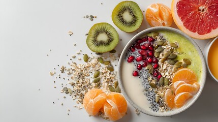 Healthy food on a minimalist white background Bowl with fruits, seeds, and natural colored juices