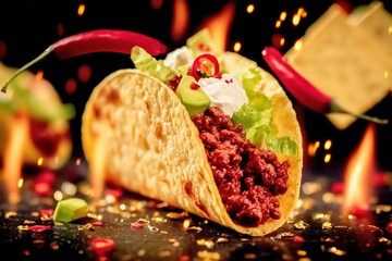 Hot taco captured mid-air with dynamic energy.