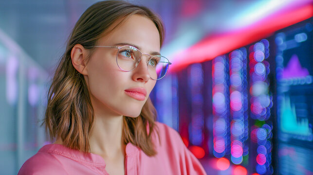 Woman with glasses in front of server racks