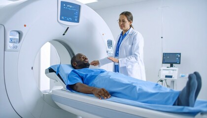 Obraz premium Mature man going through MRI scanner in examination room at hospital . Male patient lying during CAT scan with woman technical operating the machine.