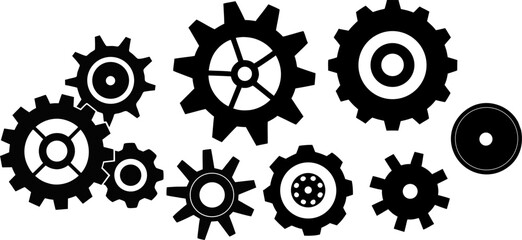 Black and white illustration of interlocking gears; industrial, mechanical, engineering concept.