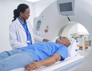 Obraz premium Mature man going through MRI scanner in examination room at hospital . Male patient lying during CAT scan with woman technical operating the machine.