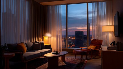 Large windows with sheer curtains, warm lighting, and modern tech accessories