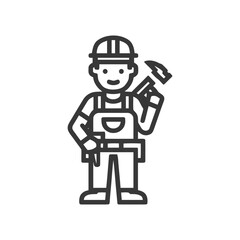 Fototapeta premium Friendly Builder Character with Hammer and Tool Belt Line Art Icon