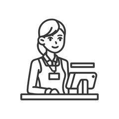 Smiling Female Cashier at POS Terminal, Professional Line Art Icon
