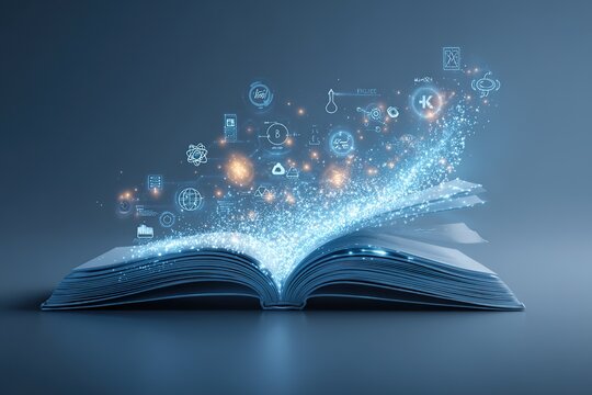 An open glowing book from which knowledge and data icons emerge, symbolizing education, technology, learning, and information