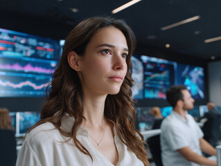 Woman in control room looking at data screens