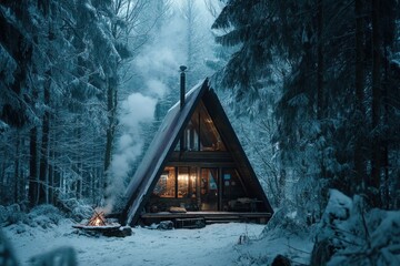 Cozy a frame cabin in a snowy winter forest